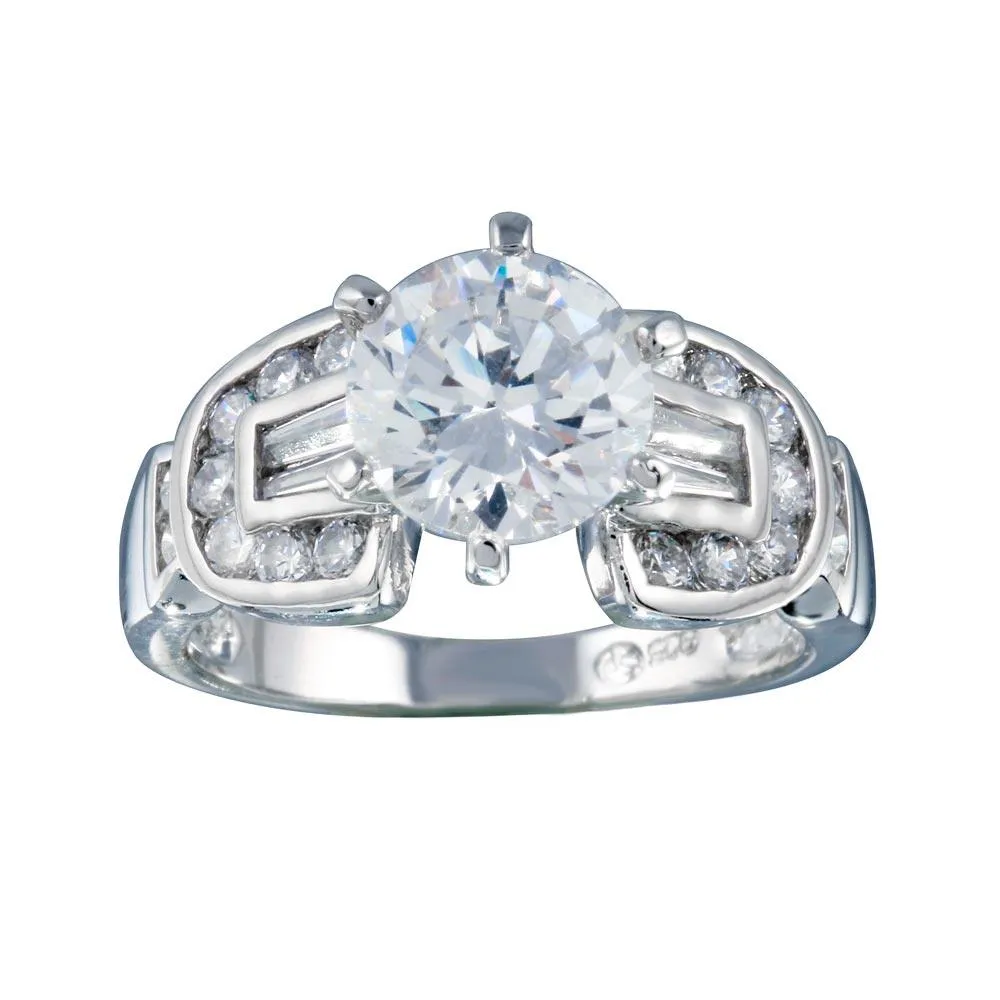 Rhodium Plated 925 Sterling Silver Clear Round Center CZ Bridal Ring - BGR00280