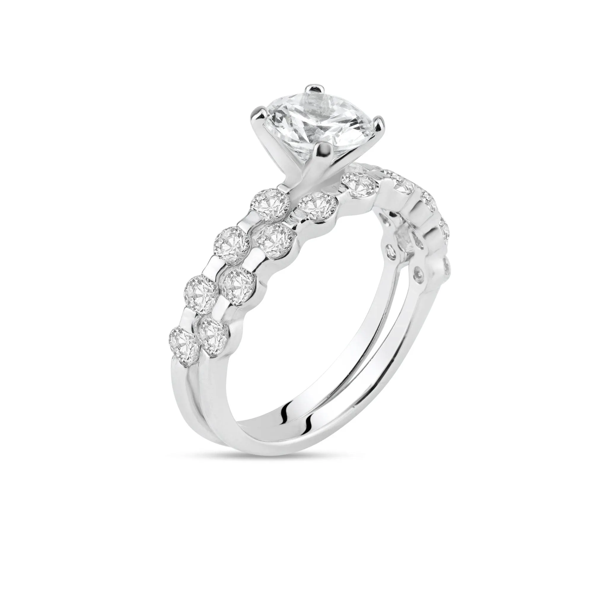 Rhodium Plated 925 Sterling Silver Clear Round Center CZ Bridal Ring Set - BGR00219