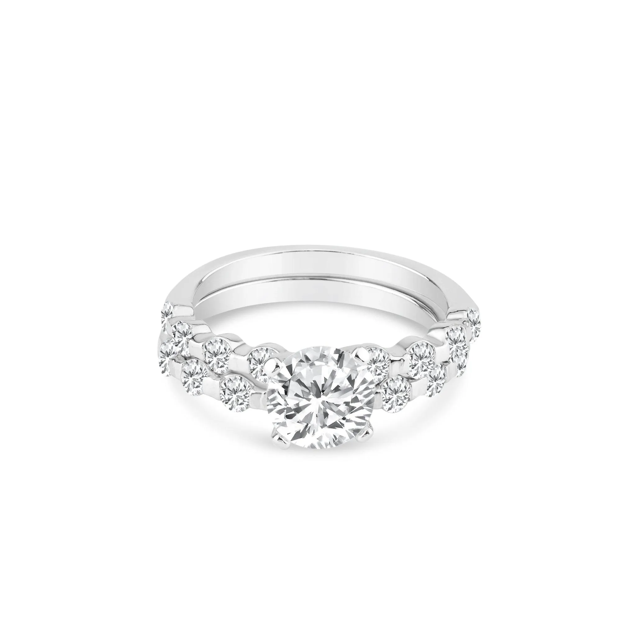 Rhodium Plated 925 Sterling Silver Clear Round Center CZ Bridal Ring Set - BGR00219