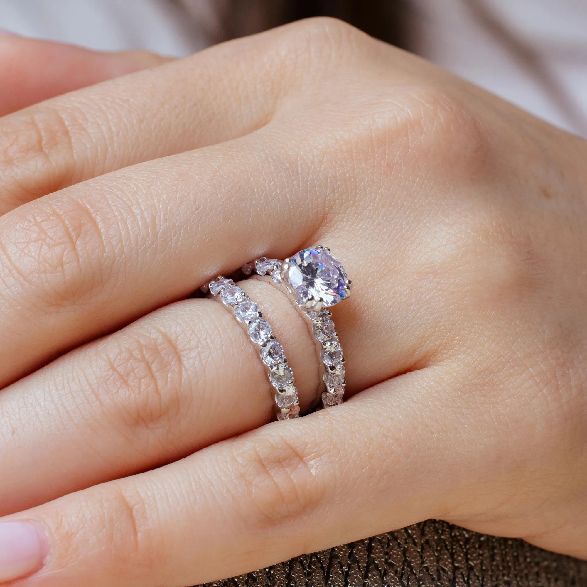 Rhodium Plated 925 Sterling Silver Clear Square Center CZ Bridal Ring Set - BGR00212