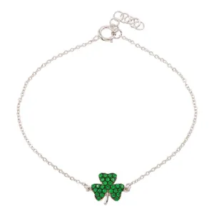 Rhodium Plated 925 Sterling Silver Clover Bracelet with Green CZ - BGB00311GRN