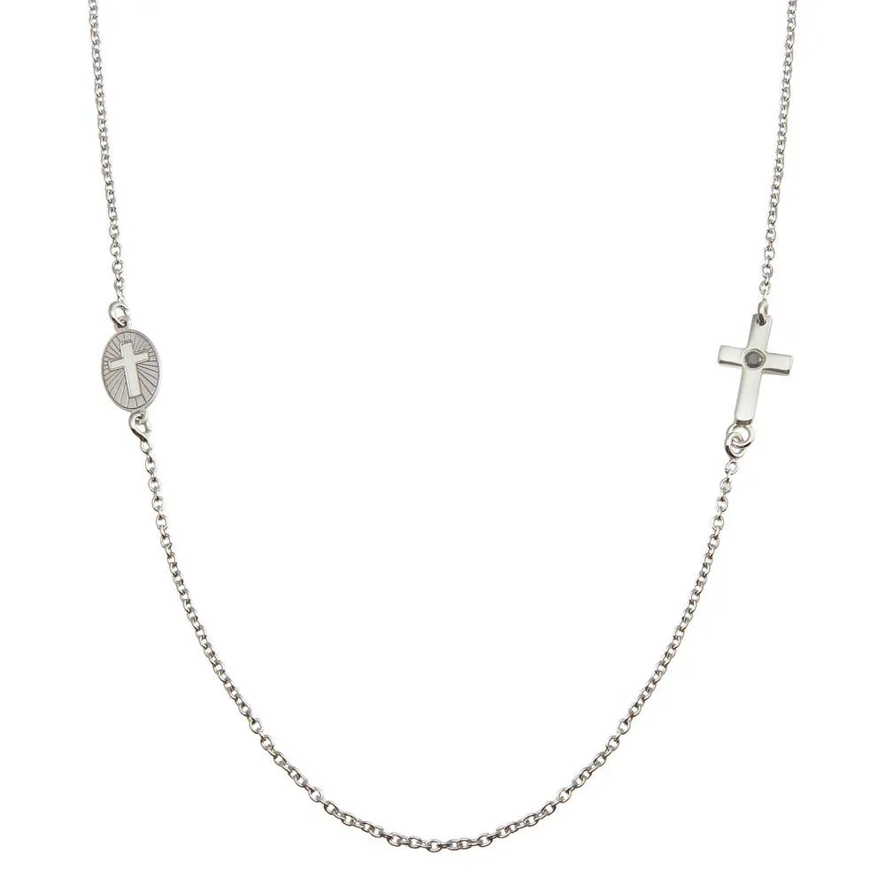 Rhodium Plated 925 Sterling Silver Cross and Illuminated Cross Cutout Necklace - SOP00154