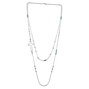 Rhodium Plated 925 Sterling Silver Cross Chain Necklace with Turquoise Beads - TRN00002