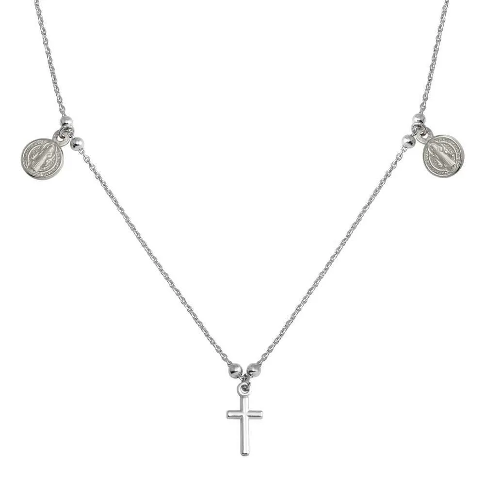 Rhodium Plated 925 Sterling Silver Cross With Religious Charms Necklace - ARN00049RH