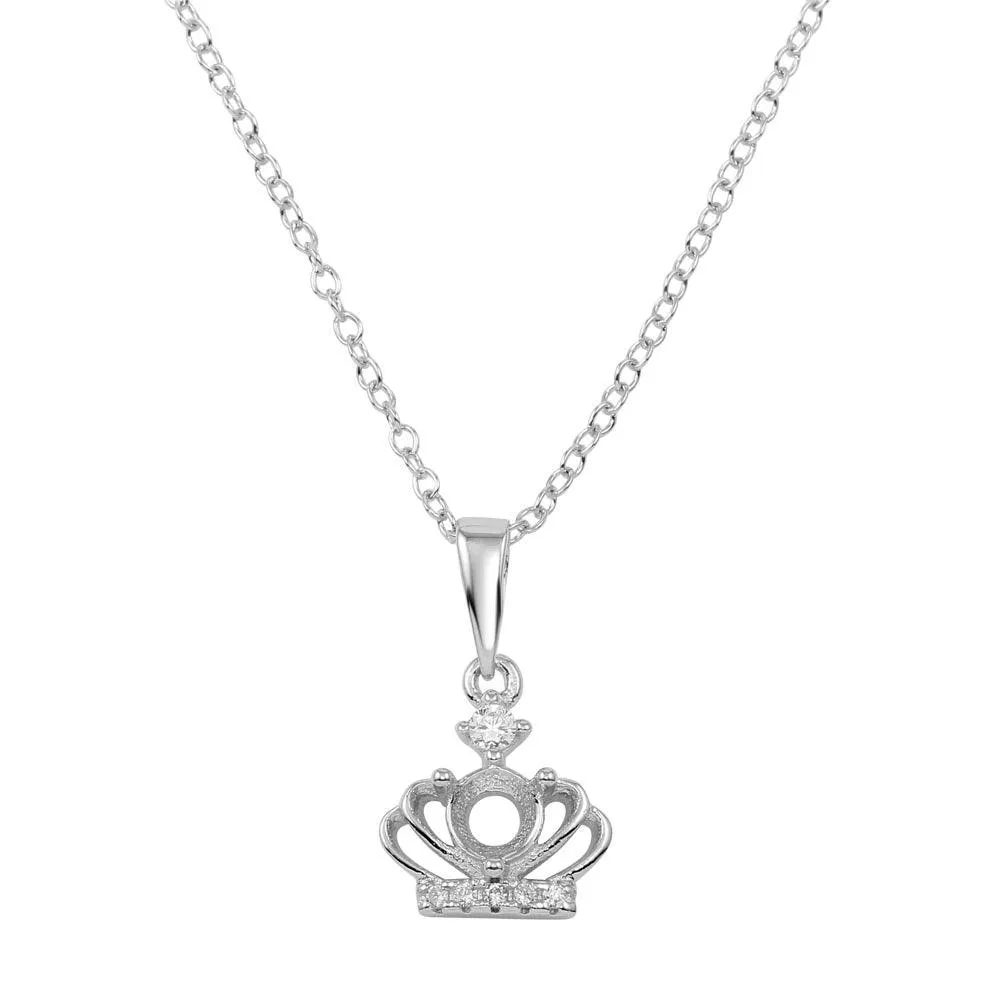 Rhodium Plated 925 Sterling Silver Crown Mount Pendant Necklace with CZ - BGP01283CZ