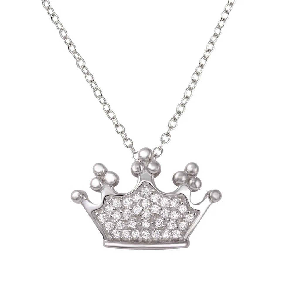 Rhodium Plated 925 Sterling Silver Crown Pendant Necklace with CZ - BGP01263