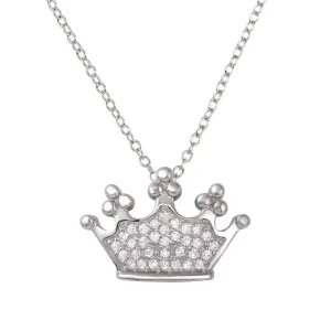 Rhodium Plated 925 Sterling Silver Crown Pendant Necklace with CZ - BGP01263