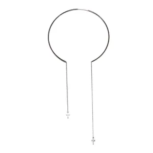 Rhodium Plated 925 Sterling Silver Cuff Wire Necklace with Asymmetrical Dangling Cross - ITN00129RH