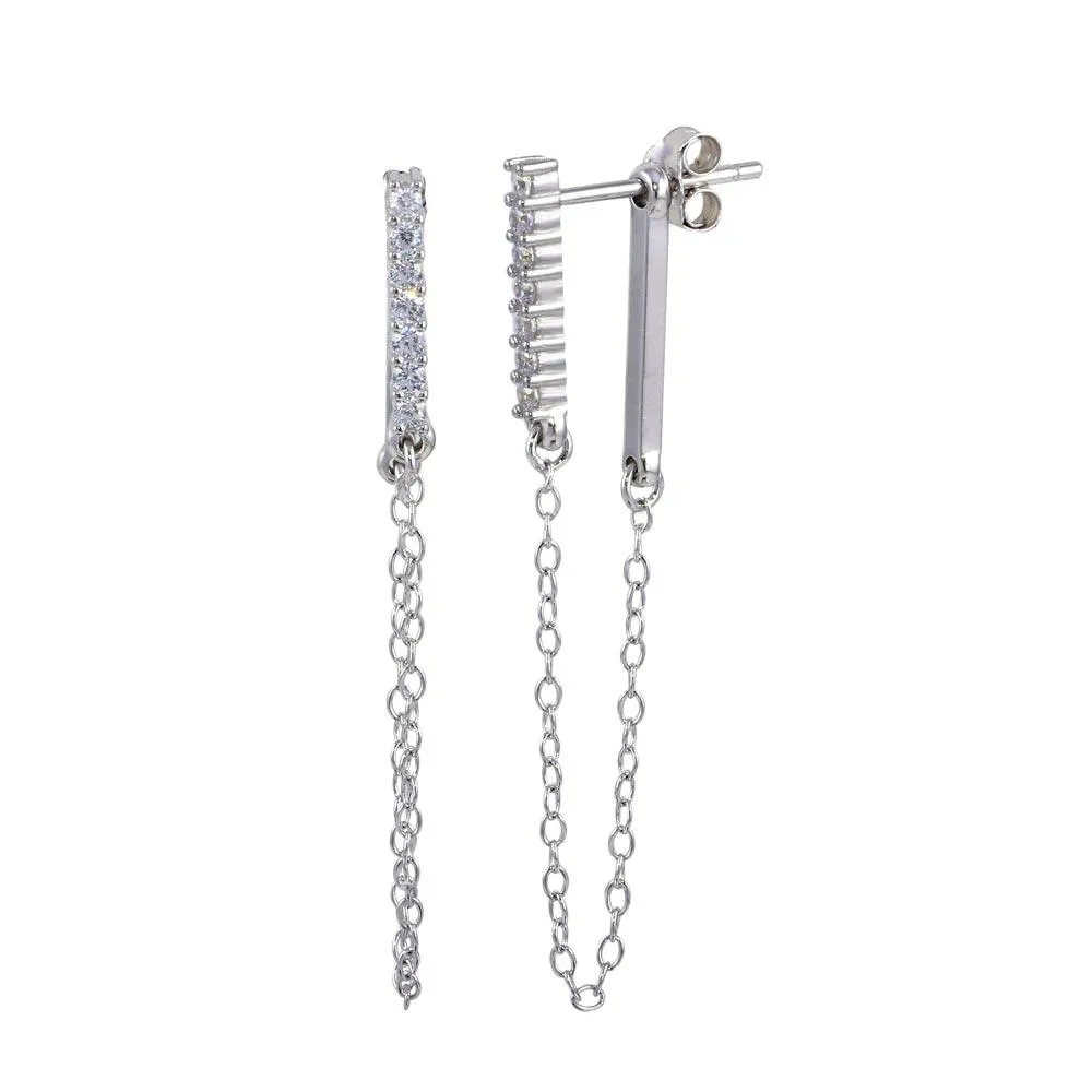 Rhodium Plated 925 Sterling Silver CZ Bar Dangling Chain  Earrings - STE01172RH