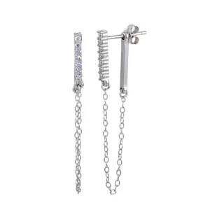 Rhodium Plated 925 Sterling Silver CZ Bar Dangling Chain  Earrings - STE01172RH