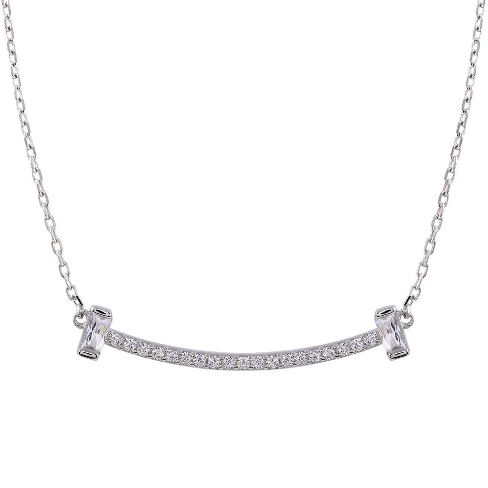 Rhodium Plated 925 Sterling Silver CZ Bar Necklace - STP01761