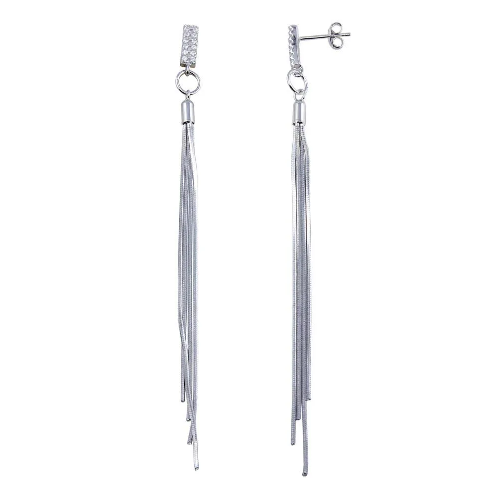 Rhodium Plated 925 Sterling Silver CZ Bar Snake SQ Dangling Earrings - BGE00626