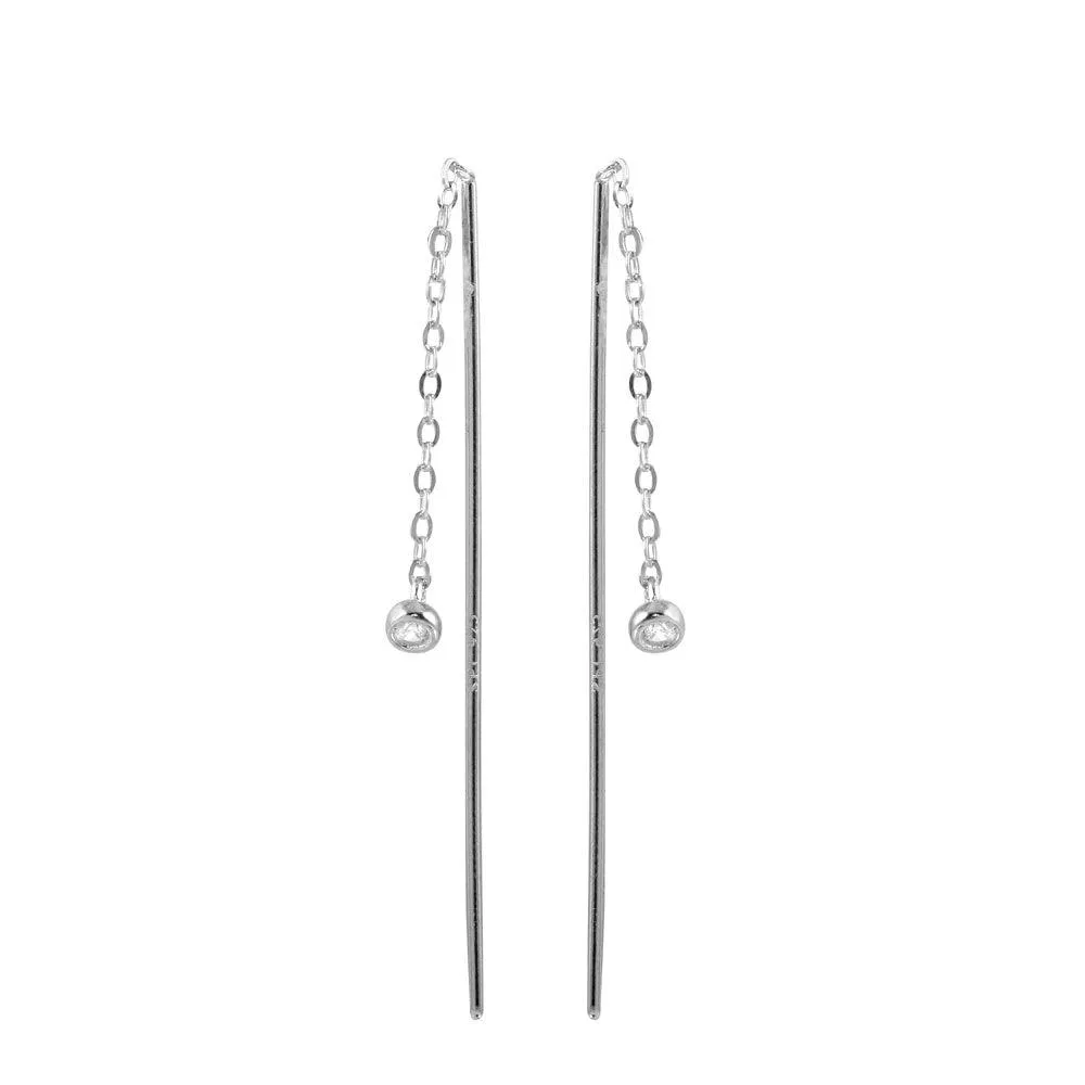 Rhodium Plated 925 Sterling Silver CZ Chain Dangling Earrings - STE01220