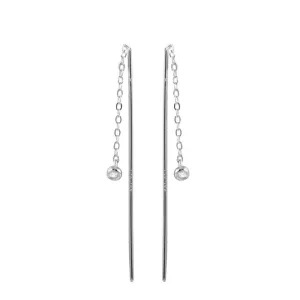 Rhodium Plated 925 Sterling Silver CZ Chain Dangling Earrings - STE01220