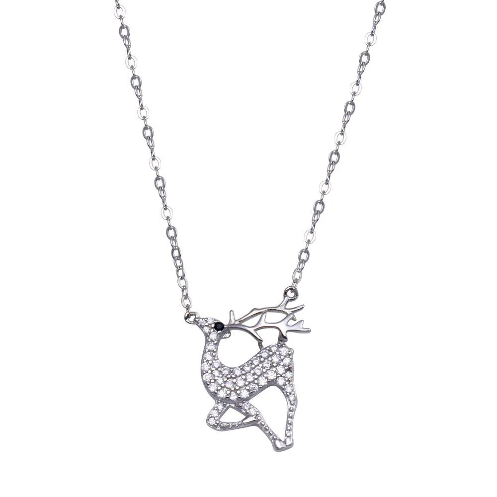 Rhodium Plated 925 Sterling Silver CZ Deer  Necklace - STP01824