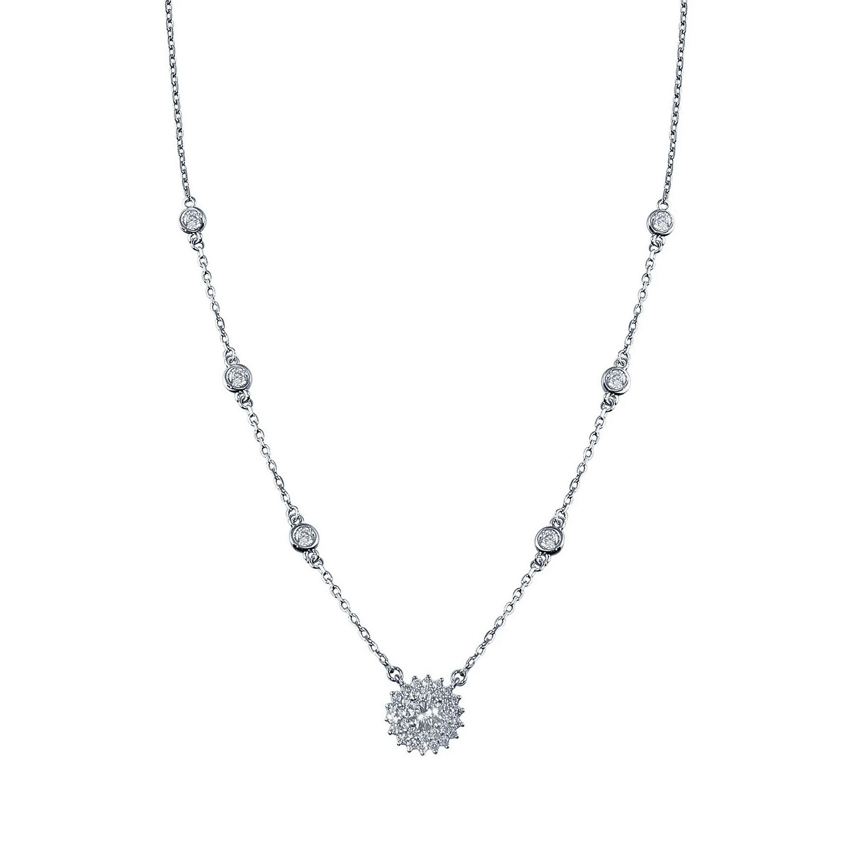 Rhodium Plated 925 Sterling Silver CZ Disc Flower Necklace - GMN00097