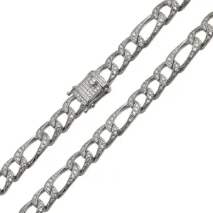 Rhodium Plated 925 Sterling Silver CZ Encrusted Figaro Chains 8.2mm - CHCZ112 RH