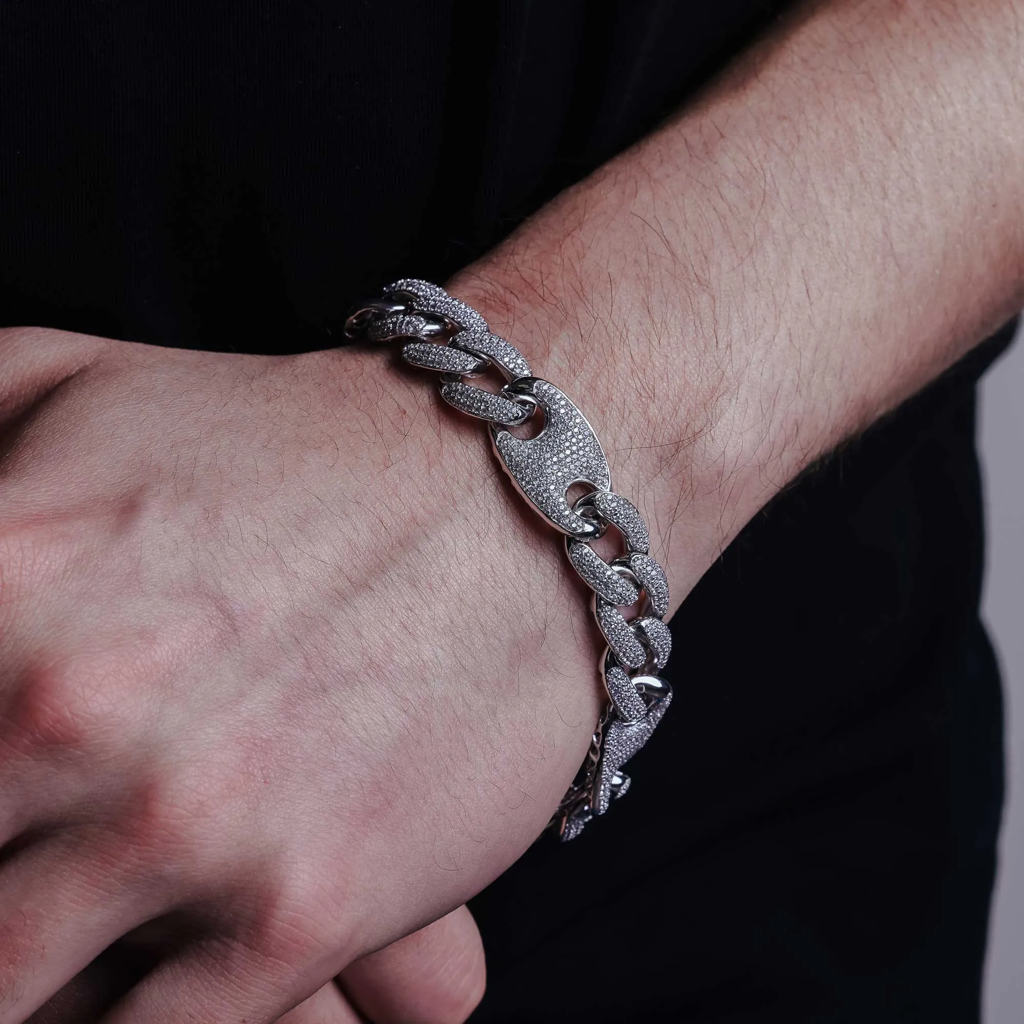Rhodium Plated 925 Sterling Silver CZ Encrusted Figaro Mariner Bracelet 14.5mm - GMB00077