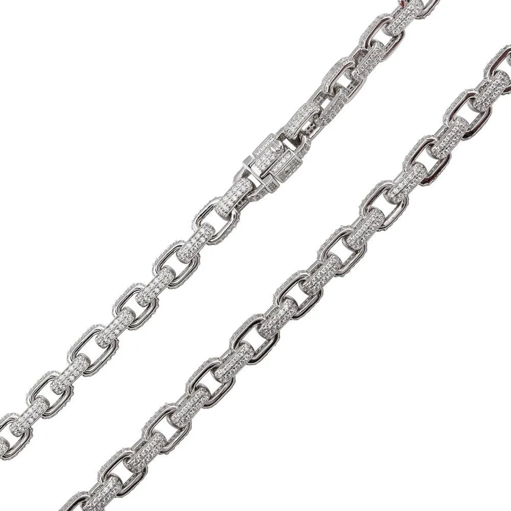 Rhodium Plated 925 Sterling Silver CZ Encrusted Micro Pave Link Chain or Bracelet 8.9mm - CHCZ107 RH