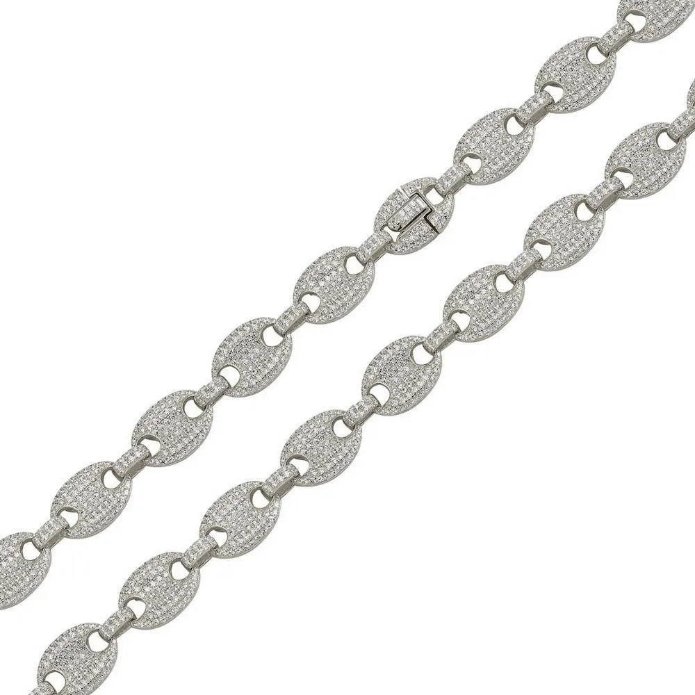 Rhodium Plated 925 Sterling Silver CZ Encrusted Oval Link Chain or Bracelet 11.8mm - CHCZ106 RH