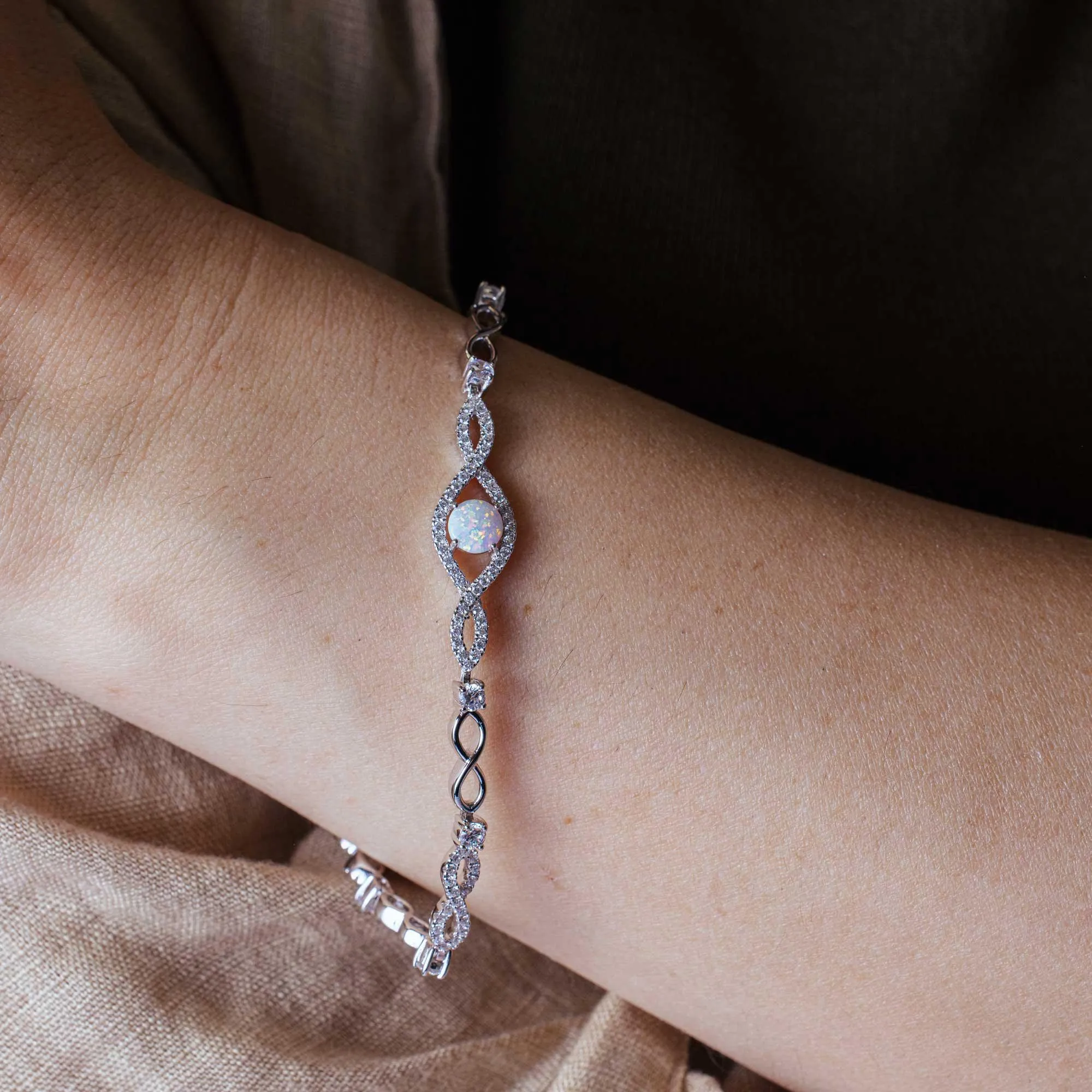 Rhodium Plated 925 Sterling Silver CZ Eye Bracelet with Synthetic Opal - BGB00283