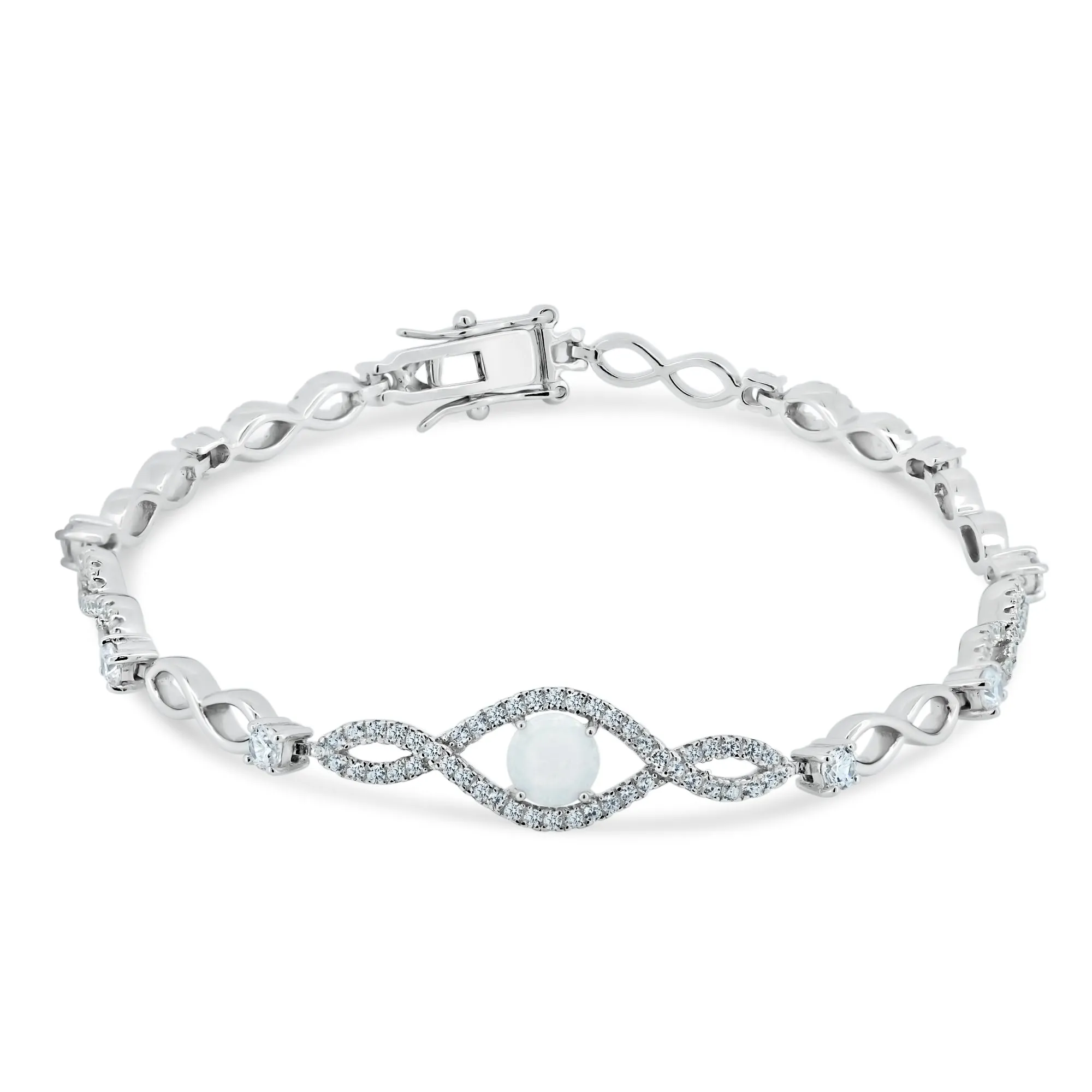 Rhodium Plated 925 Sterling Silver CZ Eye Bracelet with Synthetic Opal - BGB00283