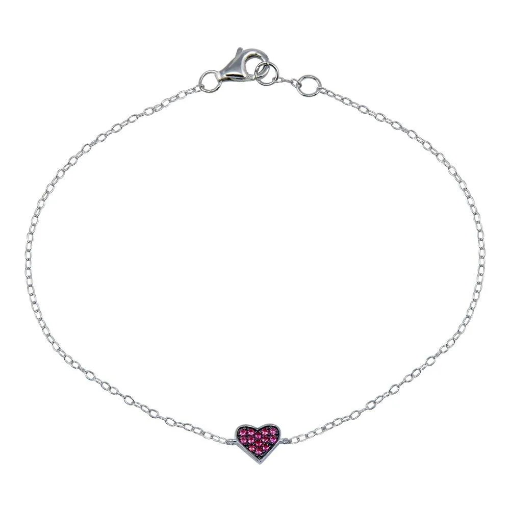 Rhodium Plated 925 Sterling Silver CZ Heart Bracelet - STB00589-RED