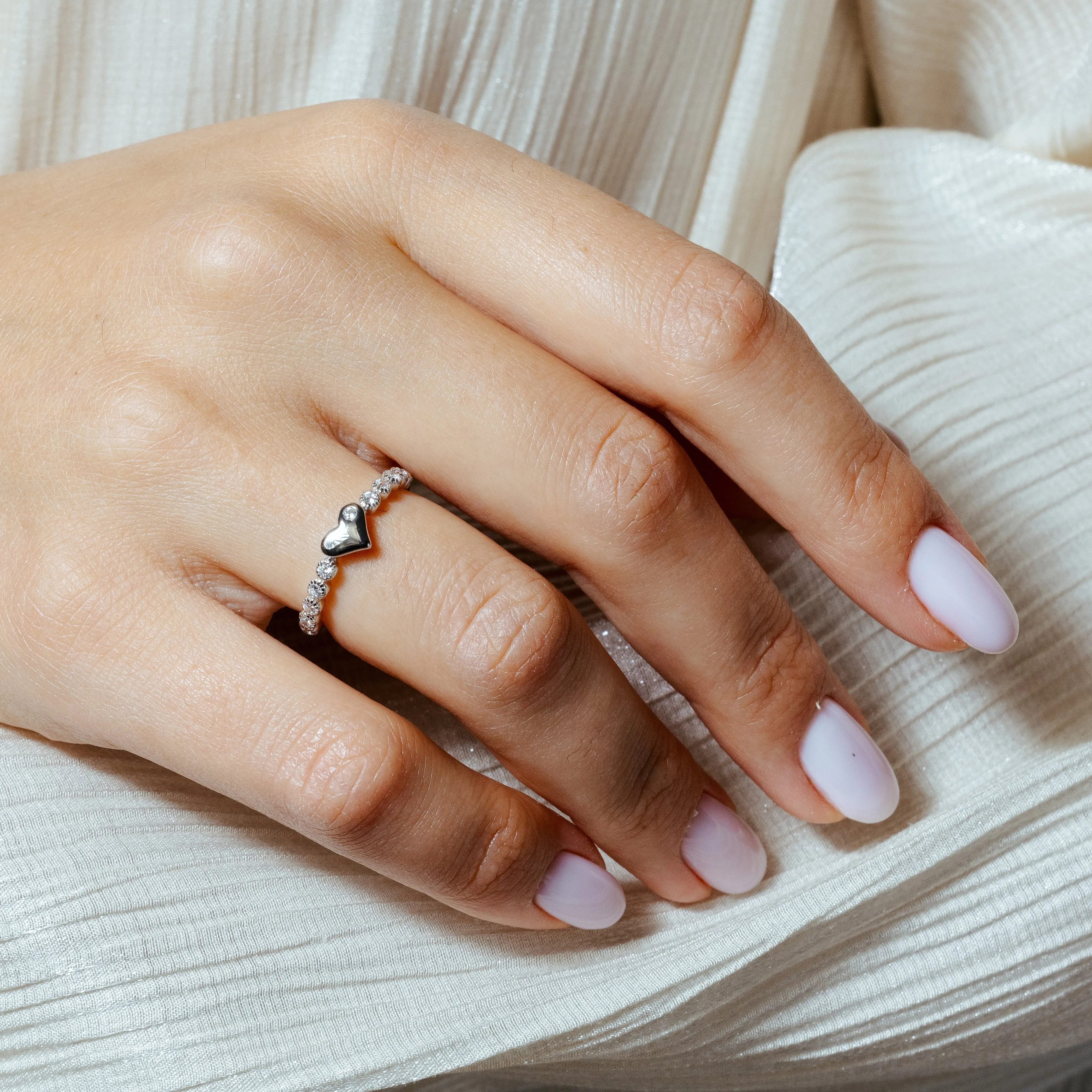 Rhodium Plated 925 Sterling Silver CZ Heart Bubble Shank Ring - STR01164