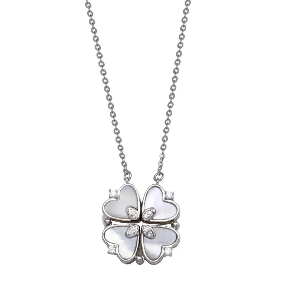 Rhodium Plated 925 Sterling Silver CZ MOP Magnetic Flower Heart Necklace - STP01826