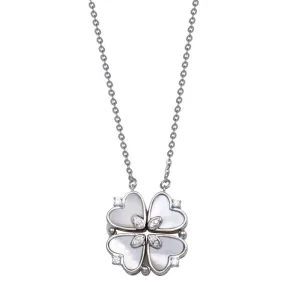 Rhodium Plated 925 Sterling Silver CZ MOP Magnetic Flower Heart Necklace - STP01826