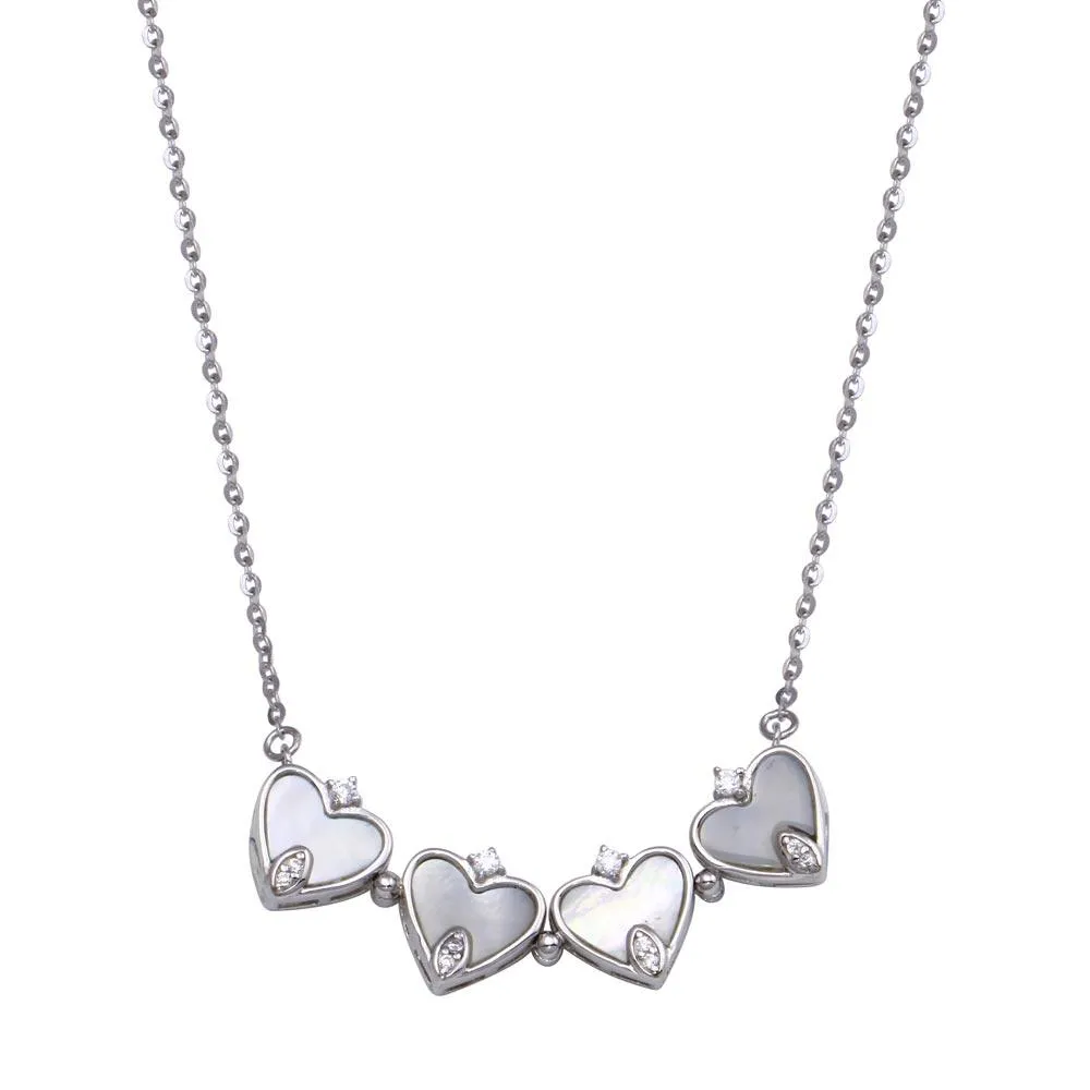 Rhodium Plated 925 Sterling Silver CZ MOP Magnetic Flower Heart Necklace - STP01826