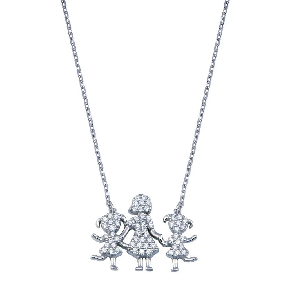 Rhodium Plated 925 Sterling Silver CZ Mother and Daughters Clear CZ Necklace - GMN00109