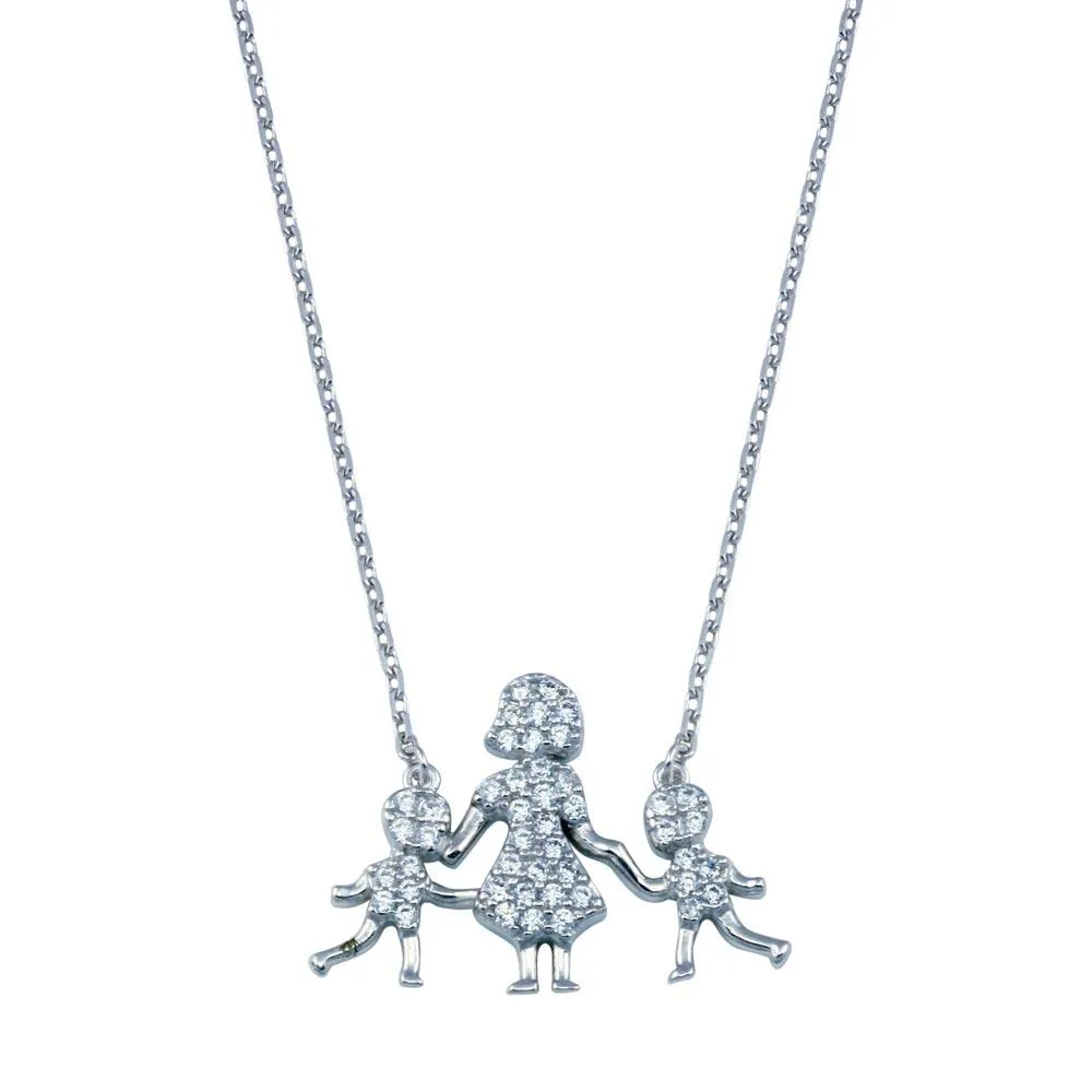 Rhodium Plated 925 Sterling Silver CZ Mother and Two Sons Clear CZ Necklace - GMN00116