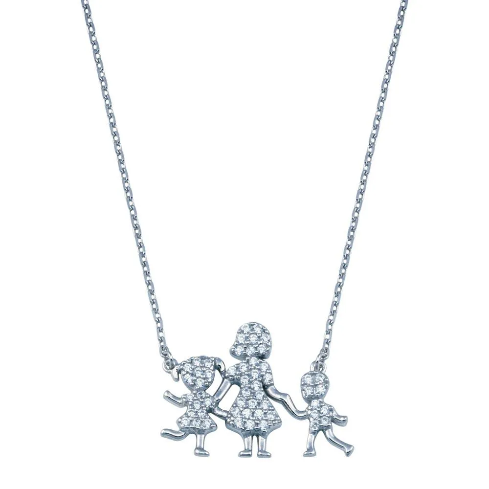 Rhodium Plated 925 Sterling Silver CZ Mother Daughter and Son Clear CZ Necklace - GMN00114