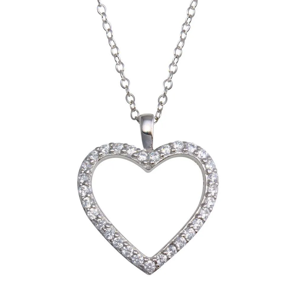 Rhodium Plated 925 Sterling Silver CZ Open Heart Necklace - STP01668