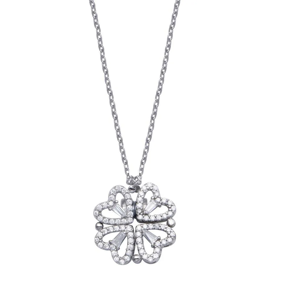 Rhodium Plated 925 Sterling Silver CZ Open Magnetic Flower Heart Necklace - STP01827