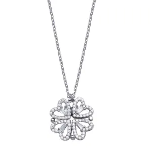 Rhodium Plated 925 Sterling Silver CZ Open Magnetic Flower Heart Necklace - STP01827