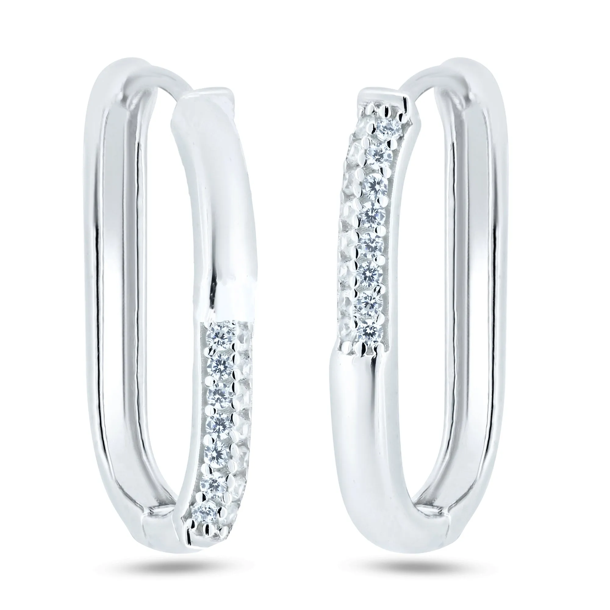 Rhodium Plated 925 Sterling Silver CZ Oval Hoop Earrings - GME00124