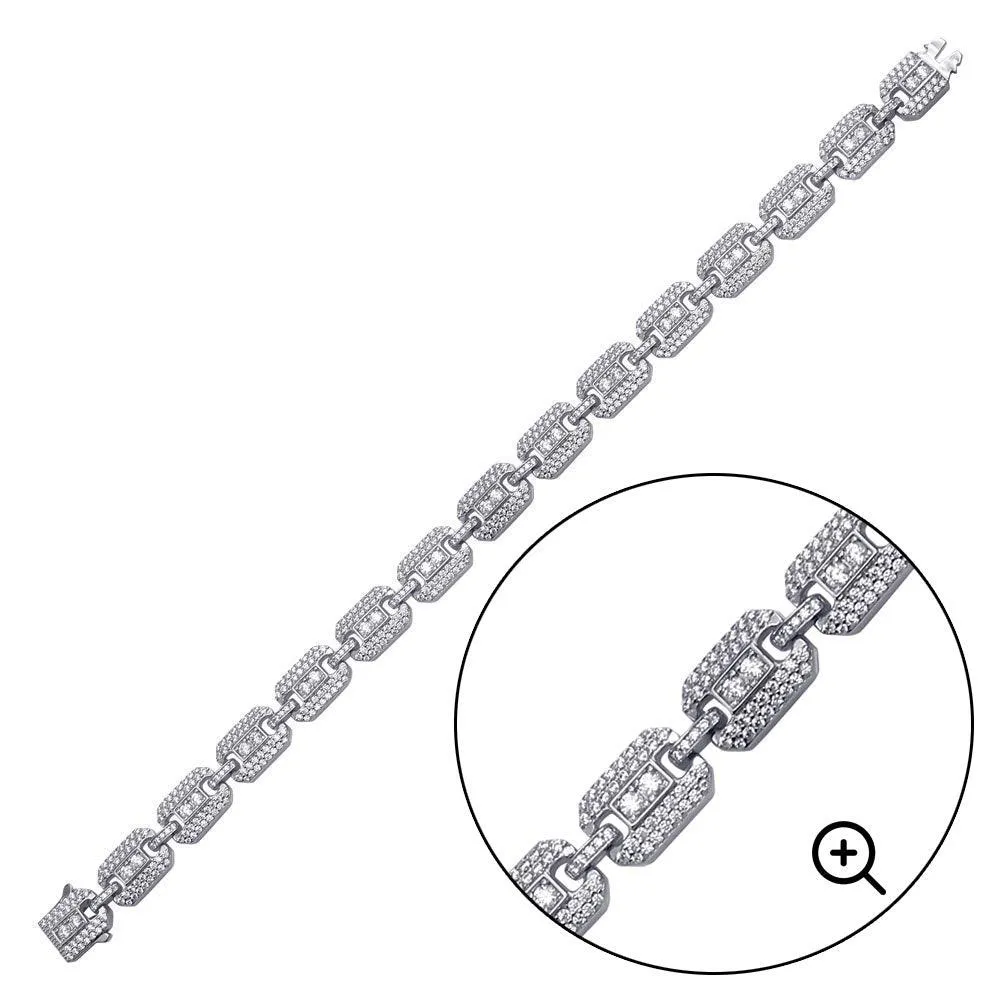 Rhodium Plated 925 Sterling Silver CZ Square Link Bracelet 8.8mm - GMB00081