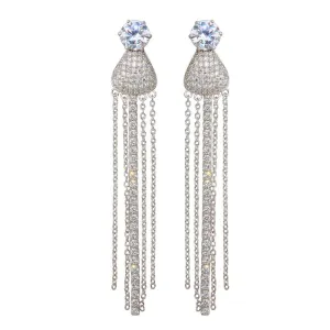 Rhodium Plated 925 Sterling Silver CZ Teardrop Chain Dangling Earrings - BGE00598