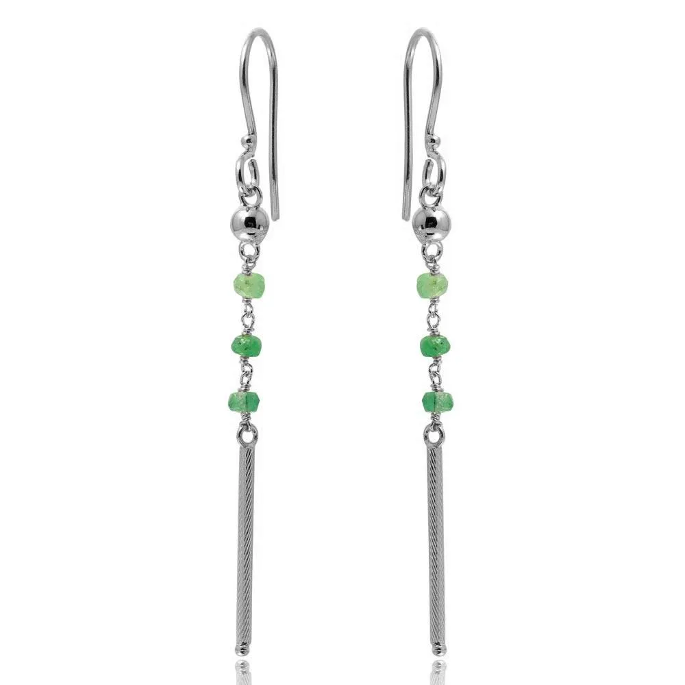 Rhodium Plated 925 Sterling Silver Dangling 3 Green Bead with Matte Rhodium Bar Earrings - DIE00009RH-EM