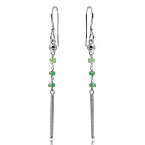 Rhodium Plated 925 Sterling Silver Dangling 3 Green Bead with Matte Rhodium Bar Earrings - DIE00009RH-EM