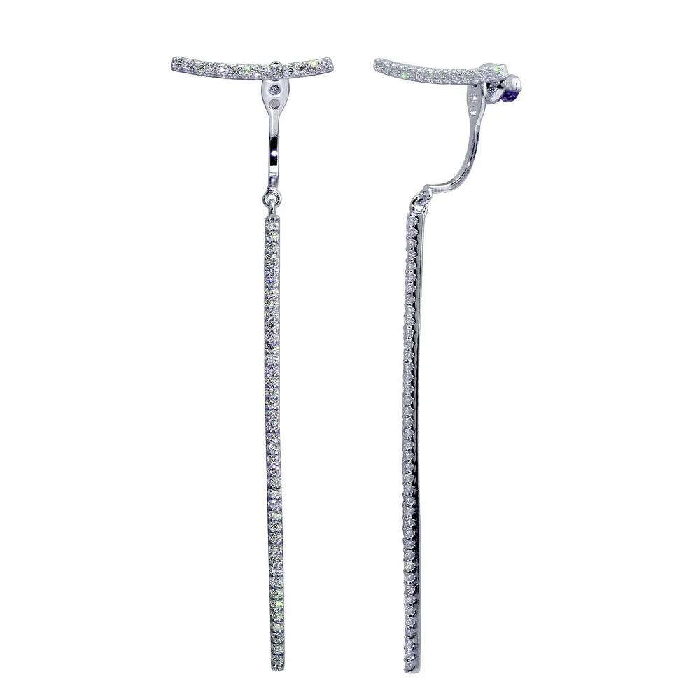 Rhodium Plated 925 Sterling Silver Dangling Bar Earrings with CZ - BGE00597