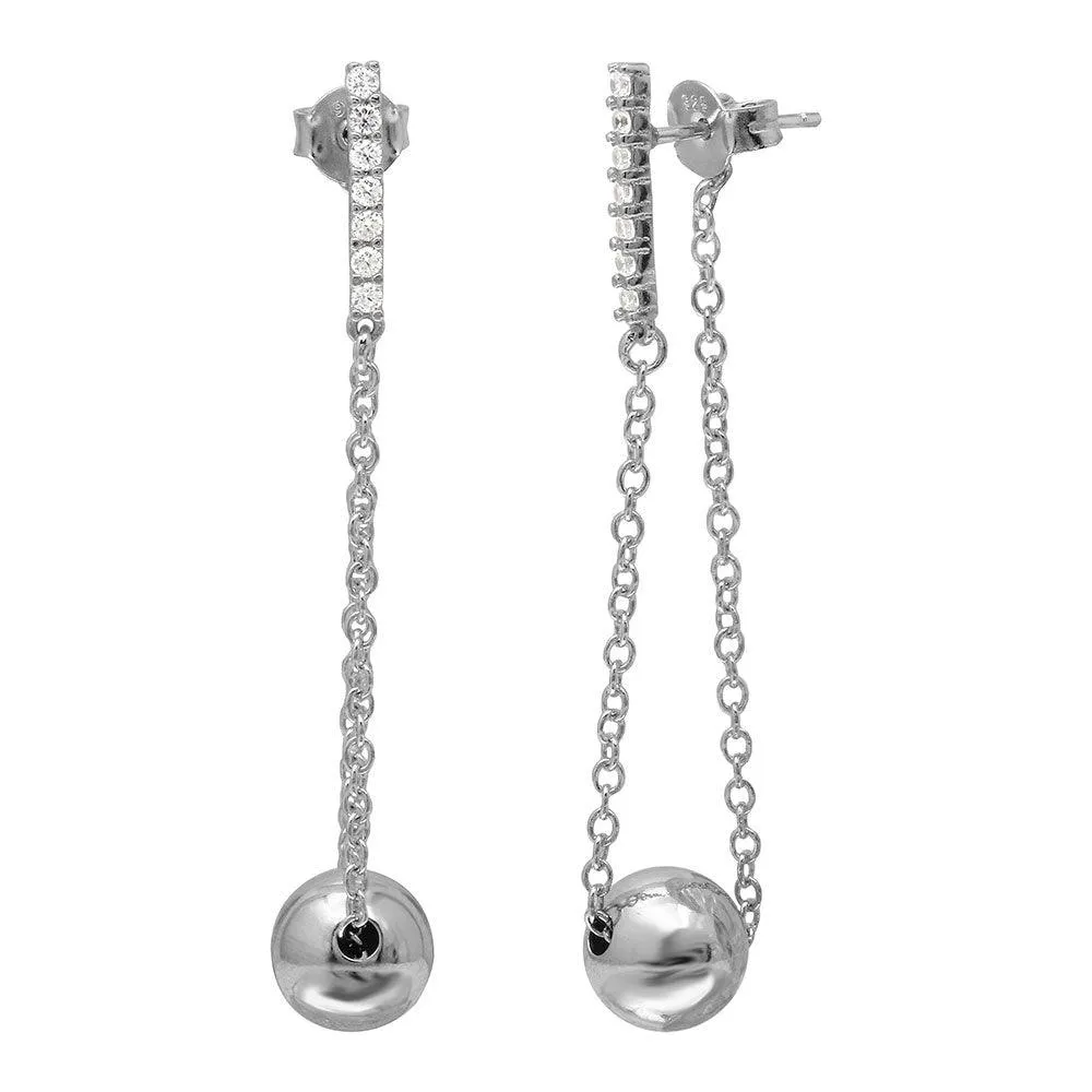 Rhodium Plated 925 Sterling Silver Dangling Bead CZ Bar Earrings - BGE00509