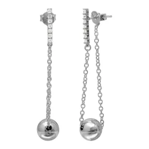 Rhodium Plated 925 Sterling Silver Dangling Bead CZ Bar Earrings - BGE00509