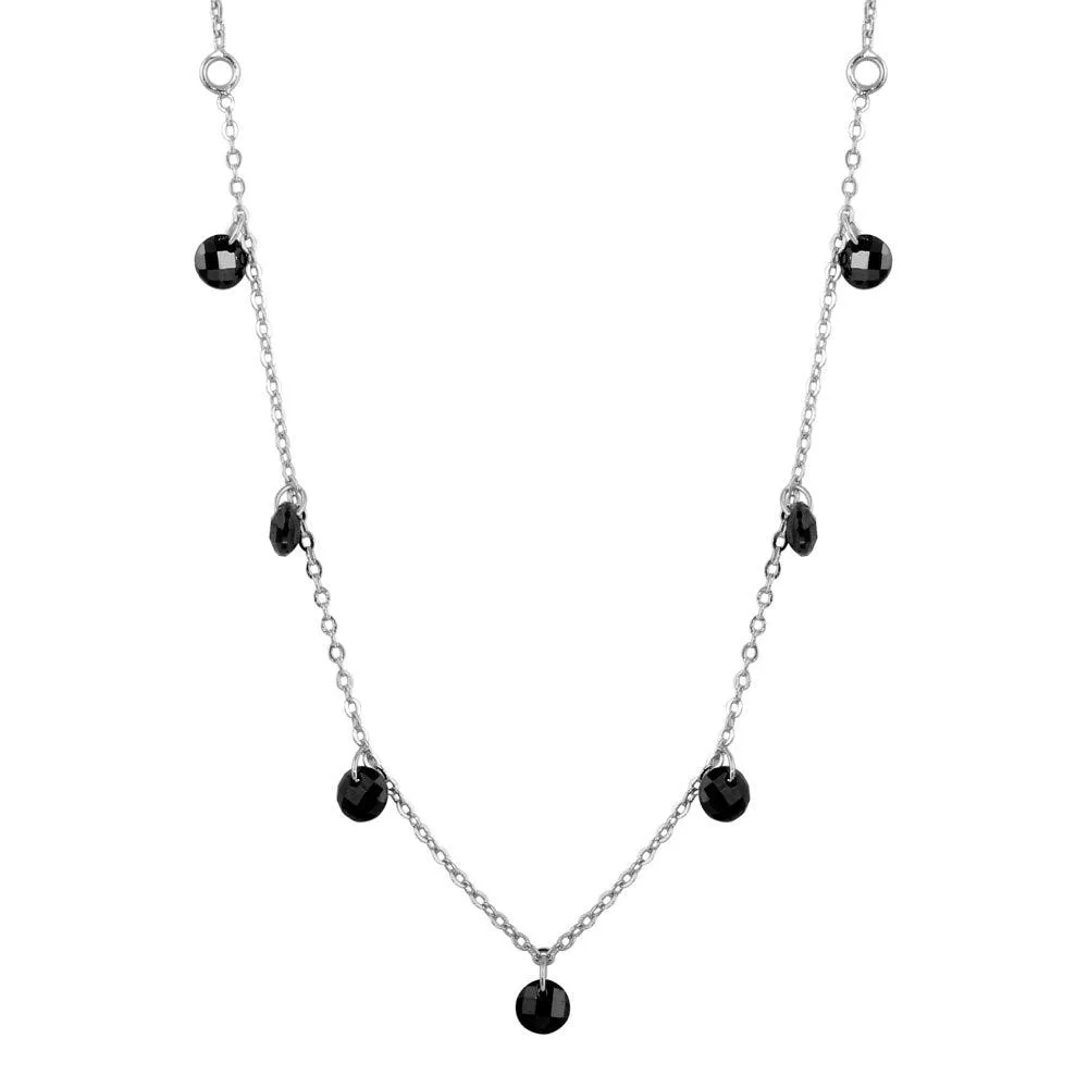 Rhodium Plated 925 Sterling Silver Dangling Black CZ Chain Necklace - ECN00050RH