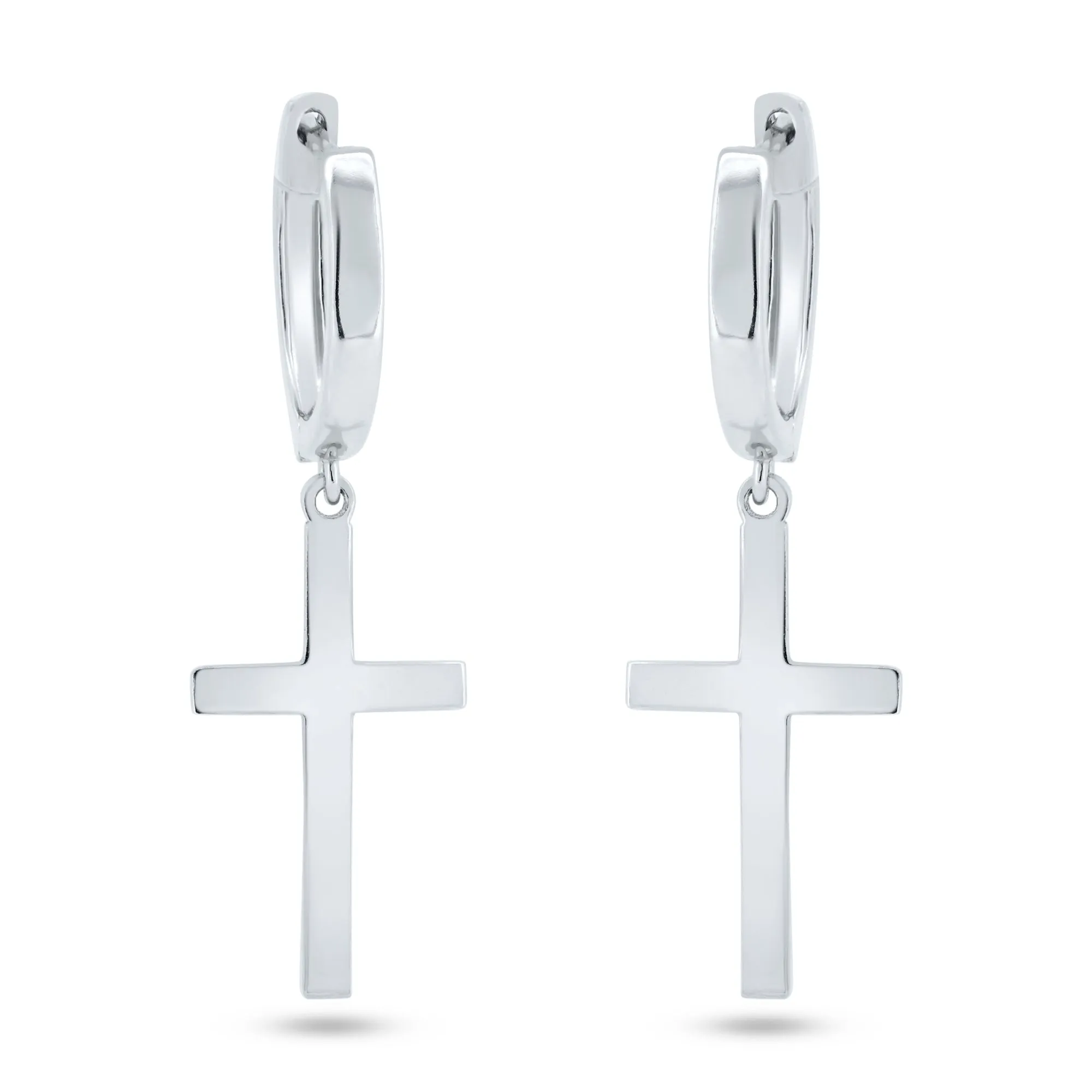 Rhodium Plated 925 Sterling Silver Dangling Cross 13.4mm Hoop Huggie Earrings - GME00146