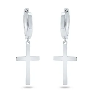 Rhodium Plated 925 Sterling Silver Dangling Cross 13.4mm Hoop Huggie Earrings - GME00146