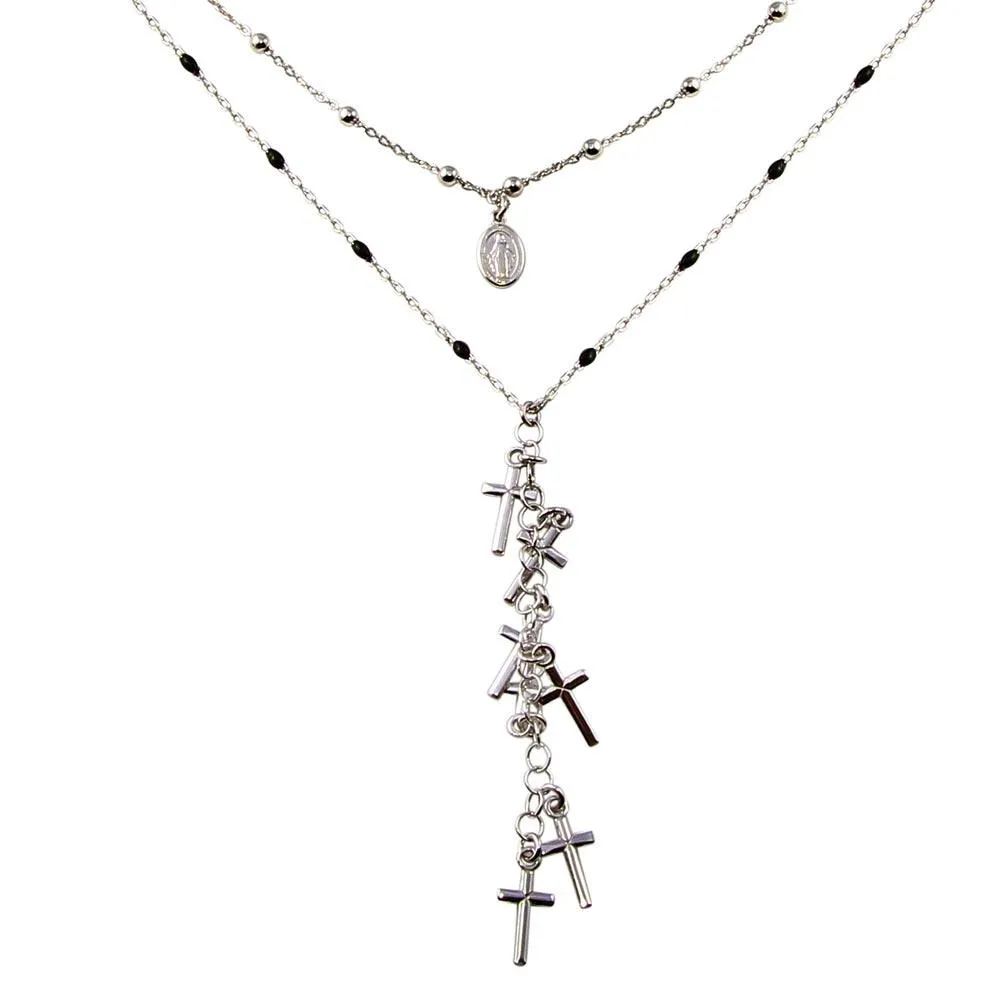 Rhodium Plated 925 Sterling Silver Dangling Crosses Enamel Bead Necklace - ECN00061RH
