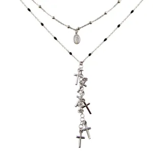 Rhodium Plated 925 Sterling Silver Dangling Crosses Enamel Bead Necklace - ECN00061RH